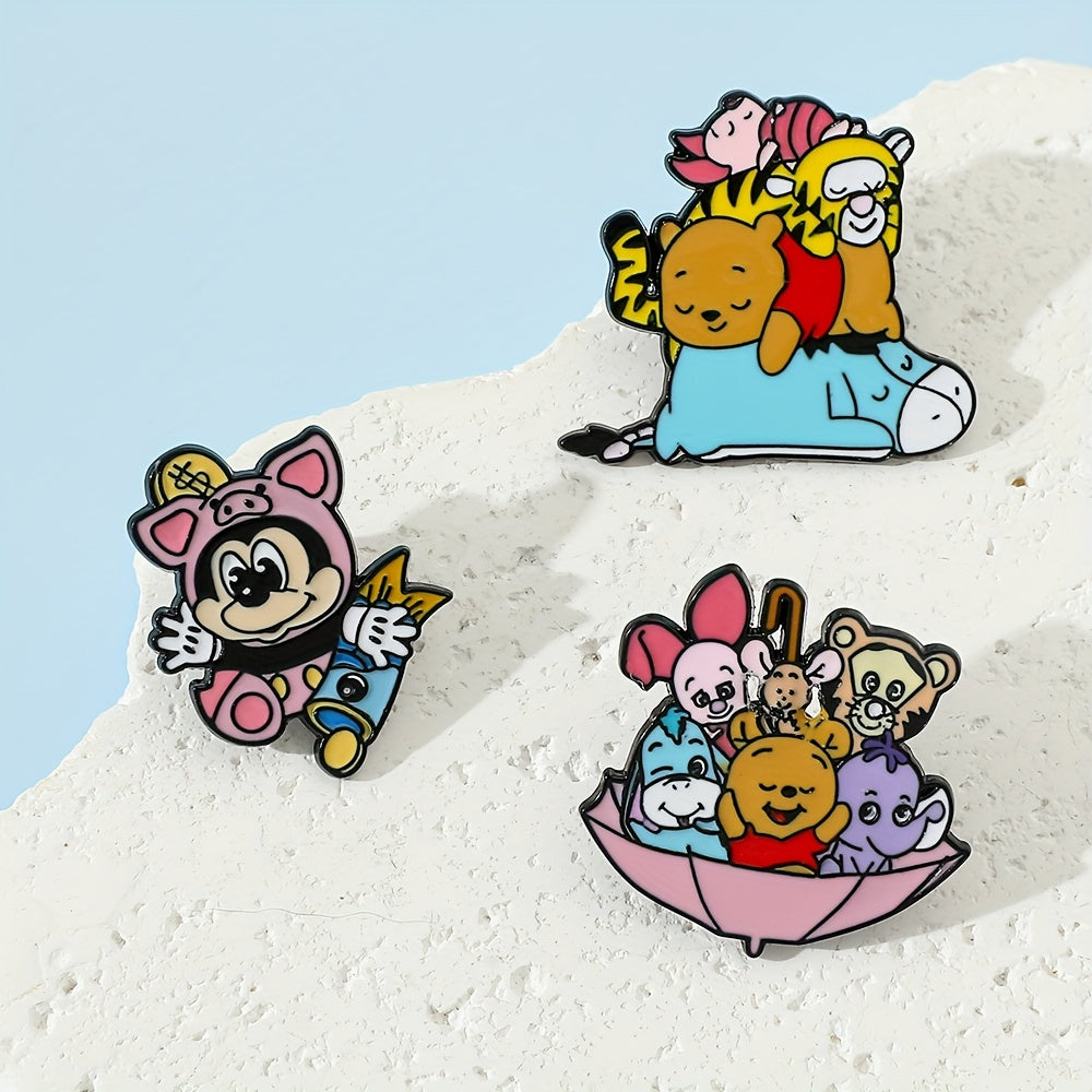 Set of 3 Cartoon Animal Enamel Brooch Pins Alloy Metal Irregular Shape for Clothing and Backpacks