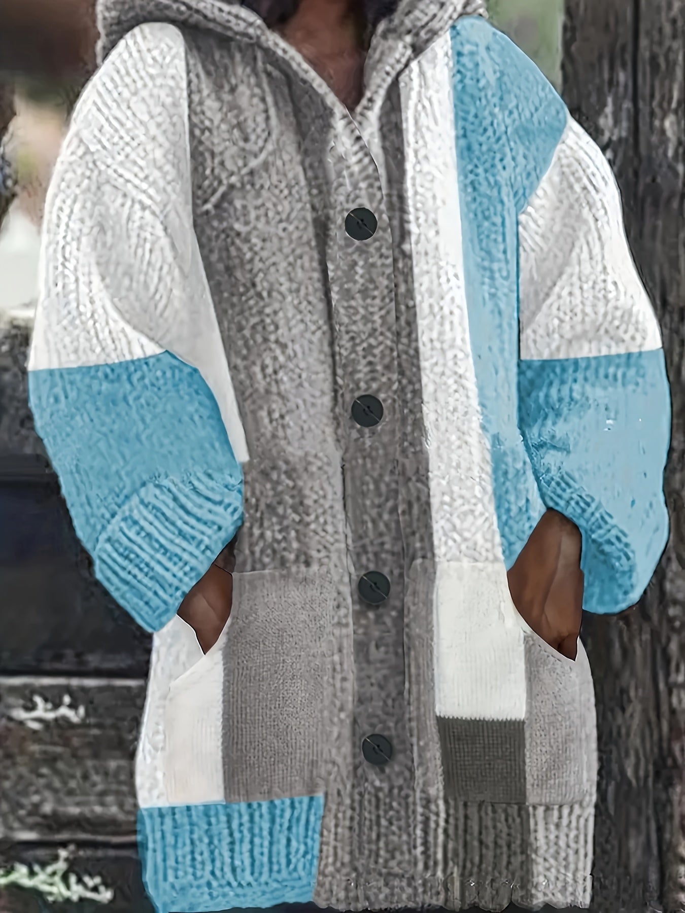 Plus Size Women's Lightweight Hooded Color Block Cardigan Long Sleeve