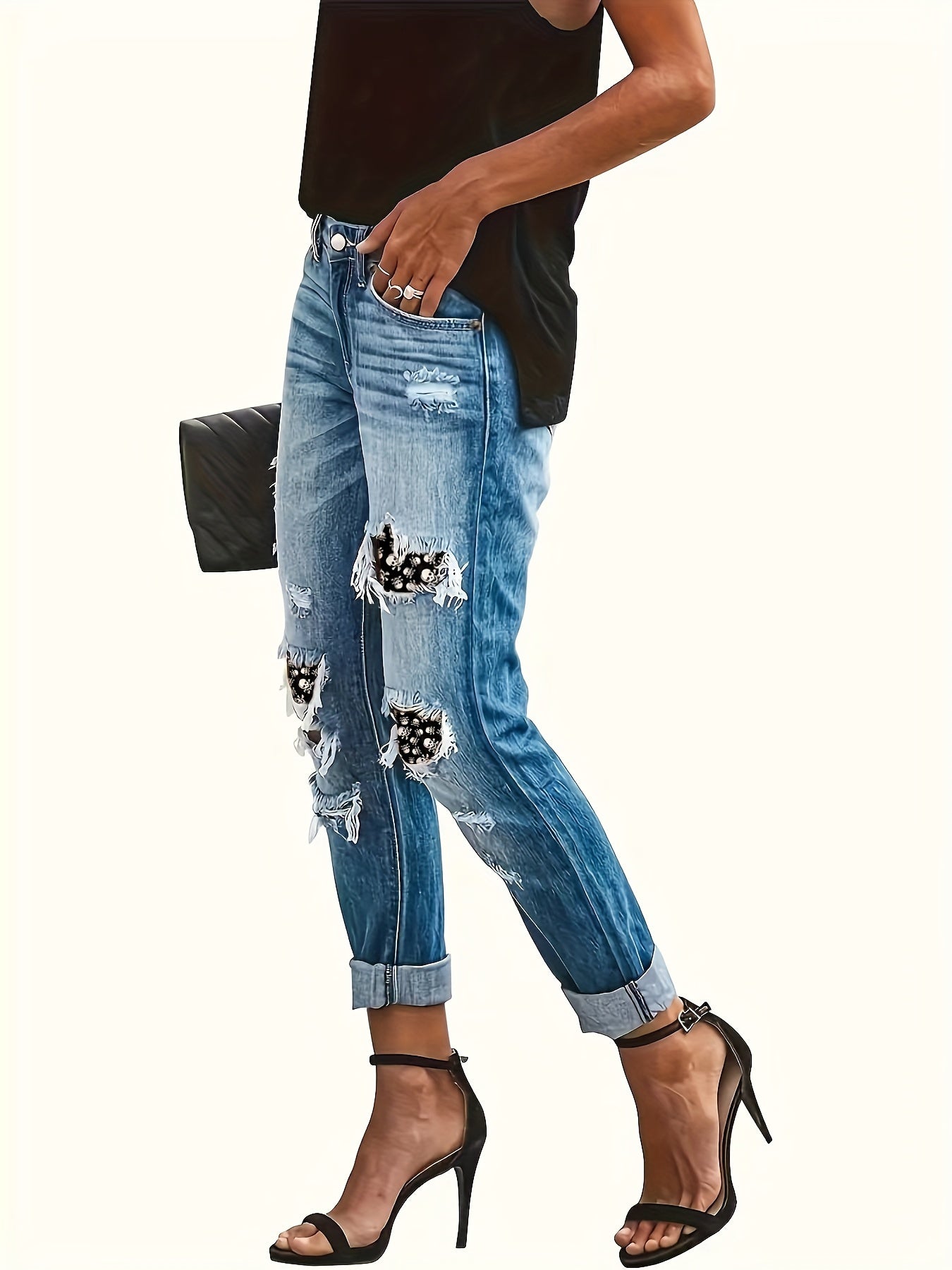 Women's Ripped Skull Print High-Stretch Denim Jeans Street Style