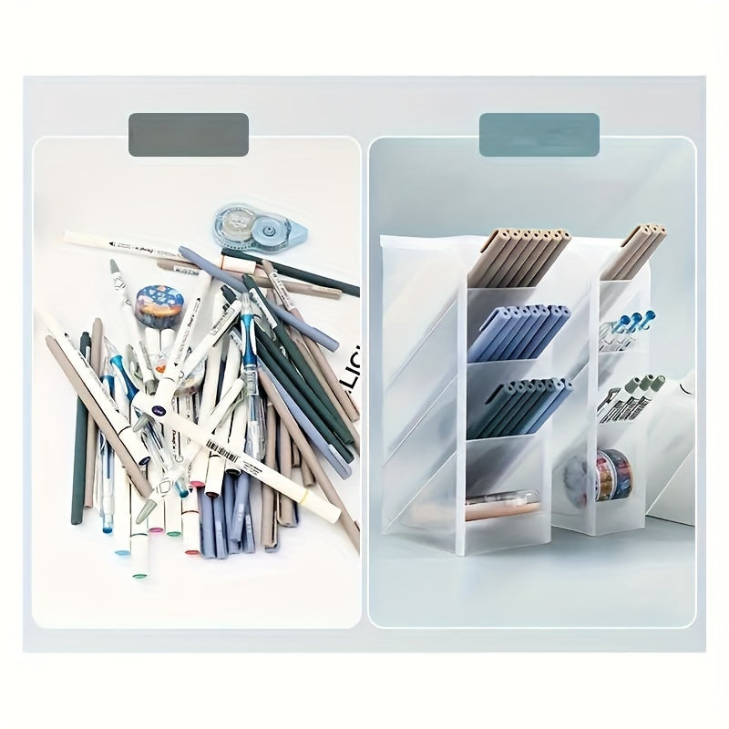 Ko'p funksiyali stol tashkilotchisi, shaffof plastik qalam ushlagichi va muzlatilgan qiyshiq qo'shimcha dizayni bilan. Ofis anjomlari, qalamlar, makiyaj cho'tkalari va lab bo'yoqlari uchun ishlatilishi mumkin. Siqilgan va joyni tejovchi.