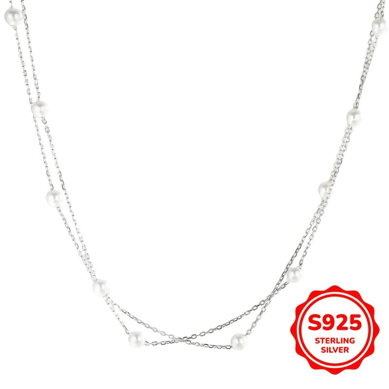 Sterling Silver Pearl Necklace for Women Double-Layer Elegant Clavicle Chain Gift