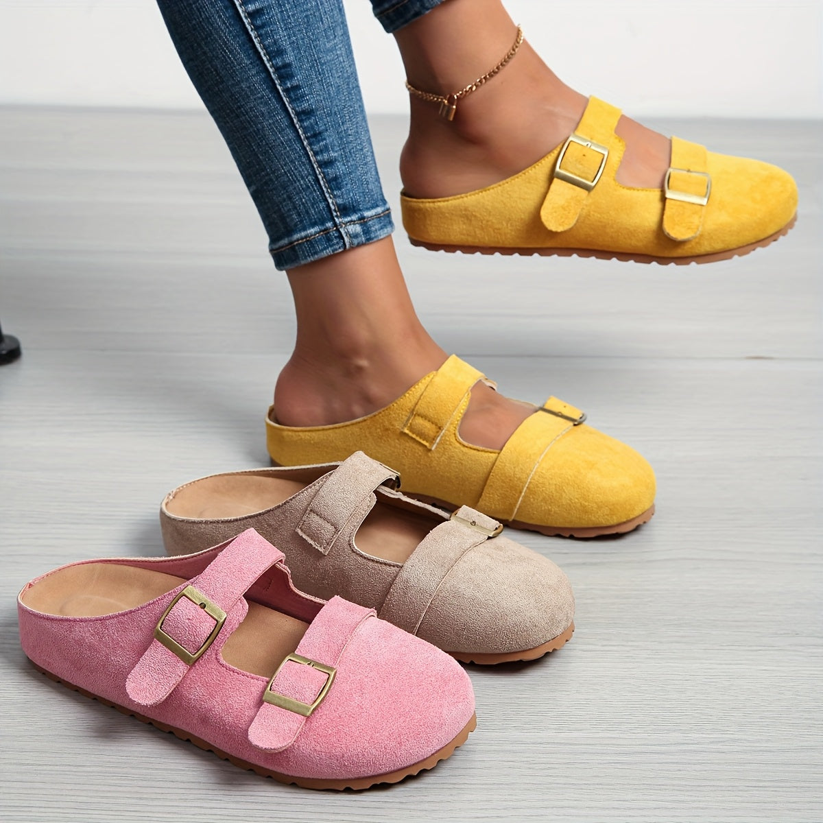 Women's Pink Slip-On Mules with EVA Sole and Gold Buckle Straps