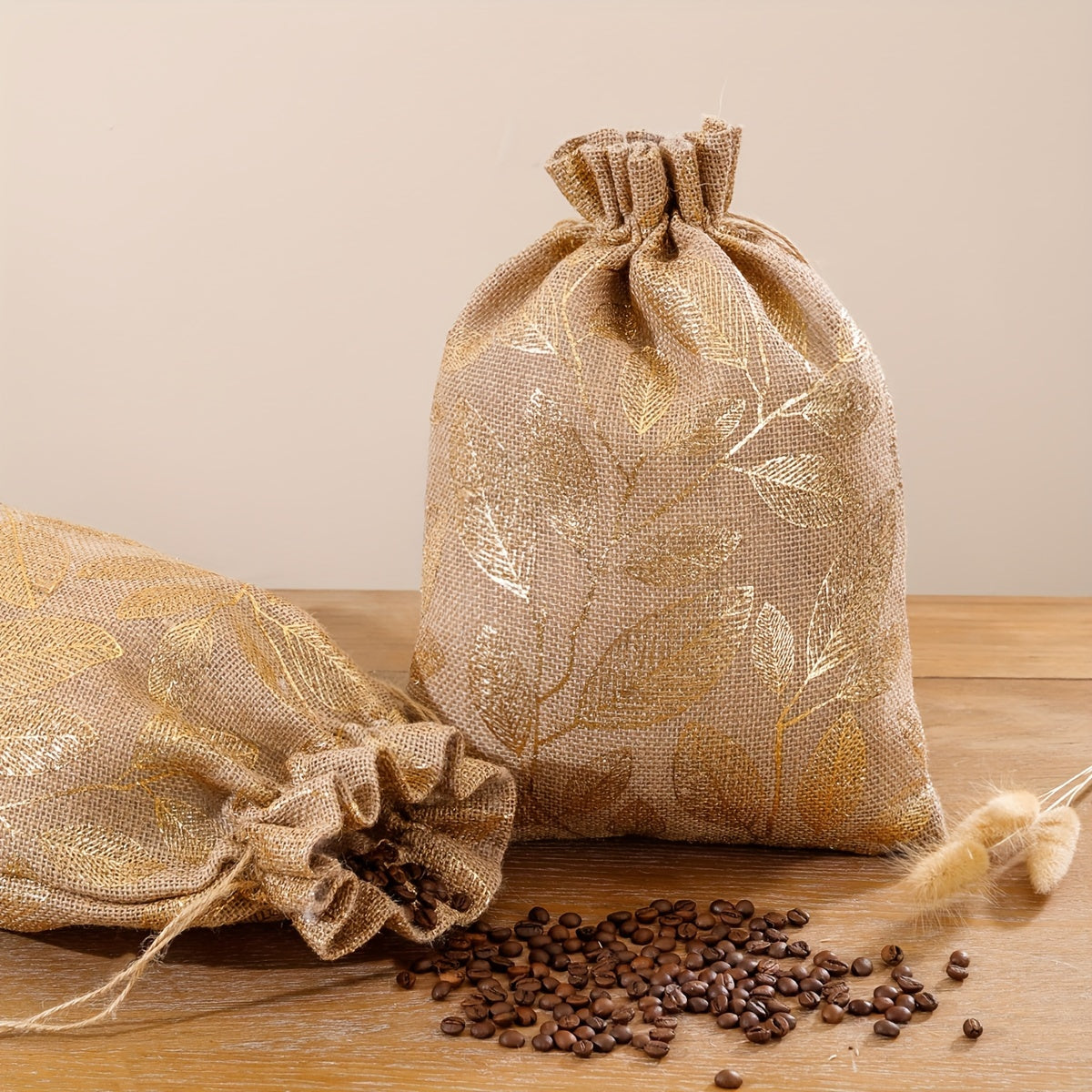 Juego de 2 bolsas de lino para granos de café, a prueba de humedad, con detalles en dorado