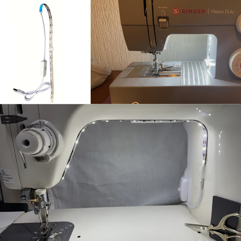 Светодиодная шнуровая лента для шитья с питанием от USB и сенсорным затемнением, энергоэффективный белый свет для стандартных машин, не требует батареек, гибкий пластиковый дизайн для улучшенной видимости при рукоделии.