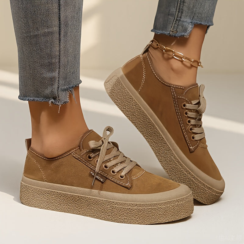 Zapatillas casuales para mujer con parte superior de tela suave, suela de goma, cordones, color marrón claro