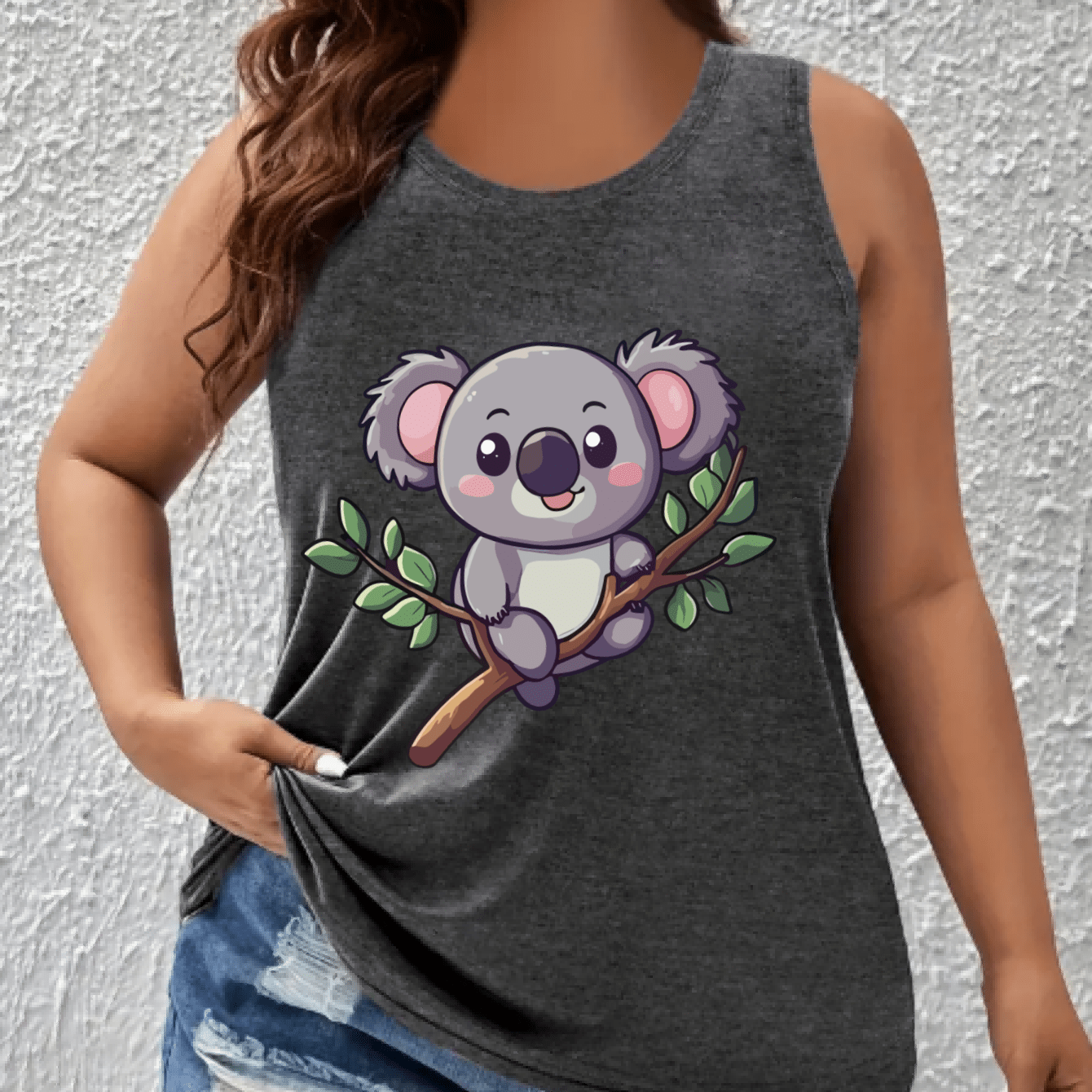 Plus Size Women's Breathable Cotton Tank Top with Cartoon Koala Light Blue