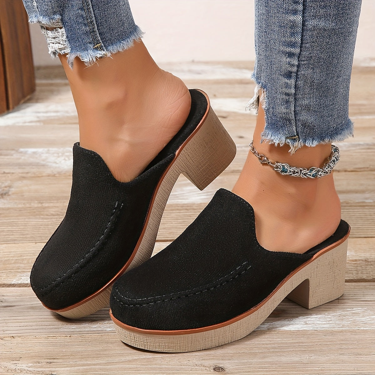 Women's Slip-On Loafers Two-Tone Block Heel Shoes Solid Color Comfortable