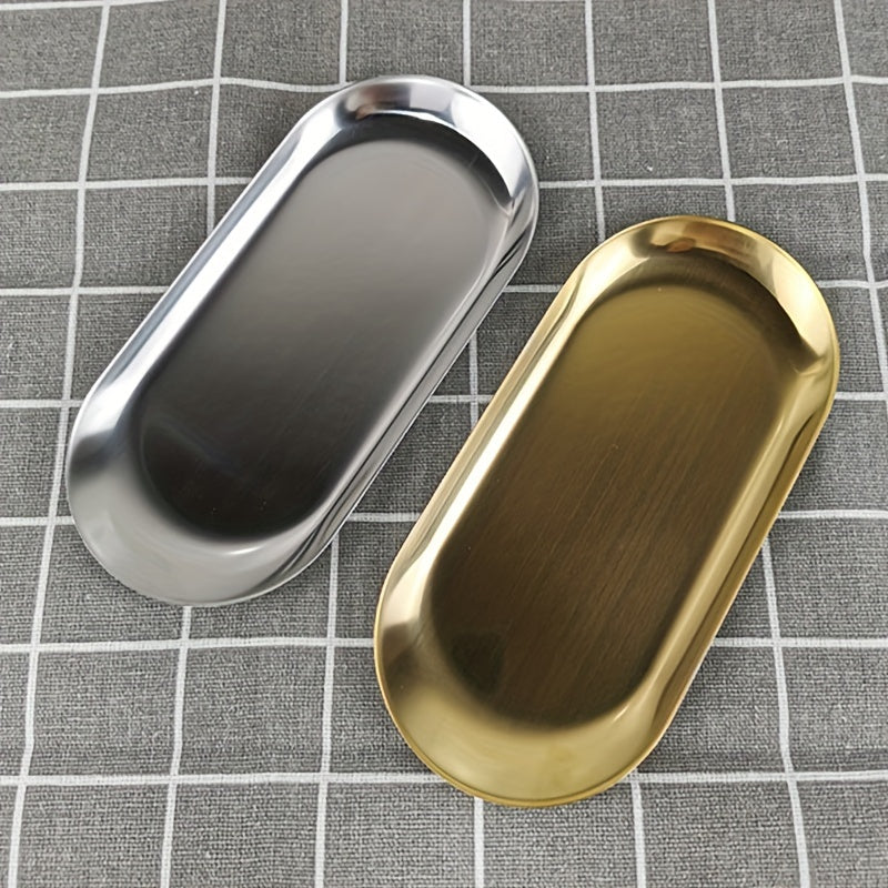 Organizador de bandeja de acero inoxidable dorado para maquillaje, perfume, joyas y decoración de baño