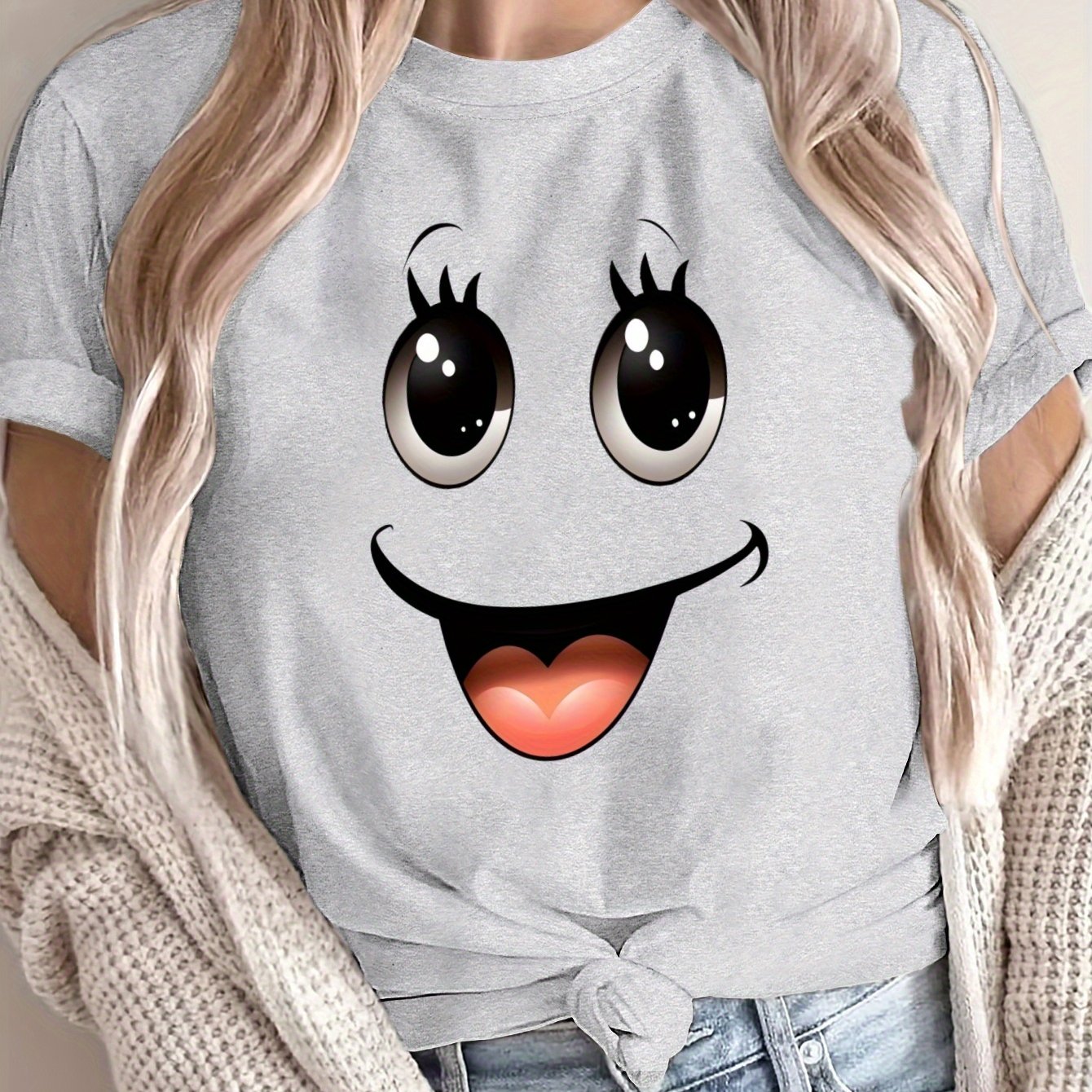 Women's Oversized Graphic T-Shirt Pink Cartoon Face Loose Fit Casual Summer