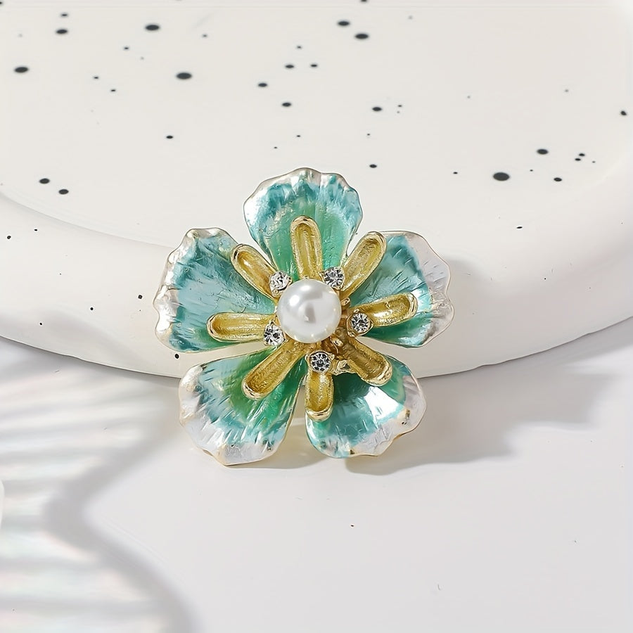 Enamel Flower Brooch with Pearl and Rhinestone Details Elegant Alloy Floral Pin for Women