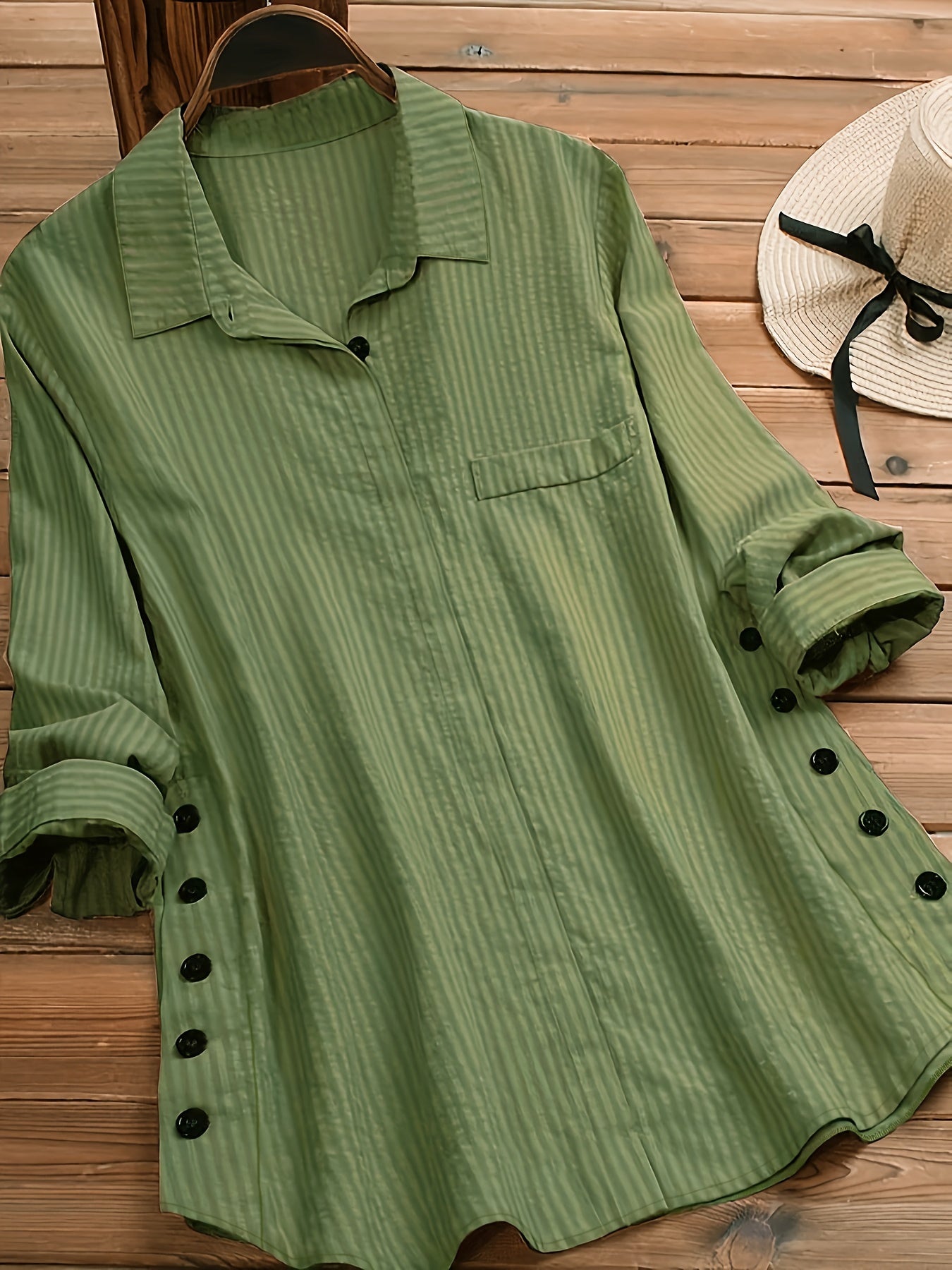 Women's Green Striped Long Sleeve Shirt with Button Detail Casual Chic Polyester