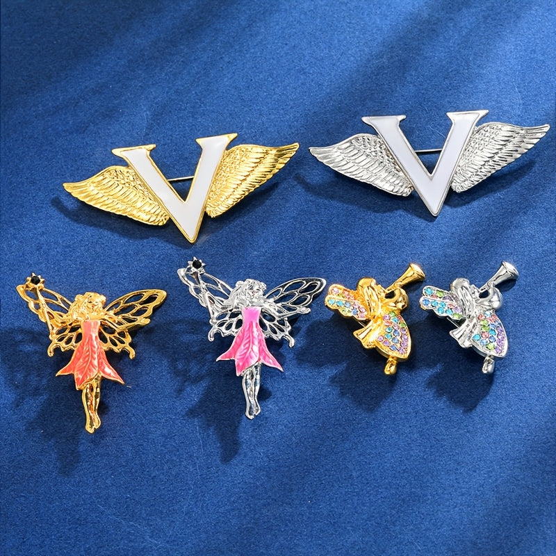 Set of 6 Angel Brooch Pins Alloy Anime Rhinestone Fashion Lapel Badges