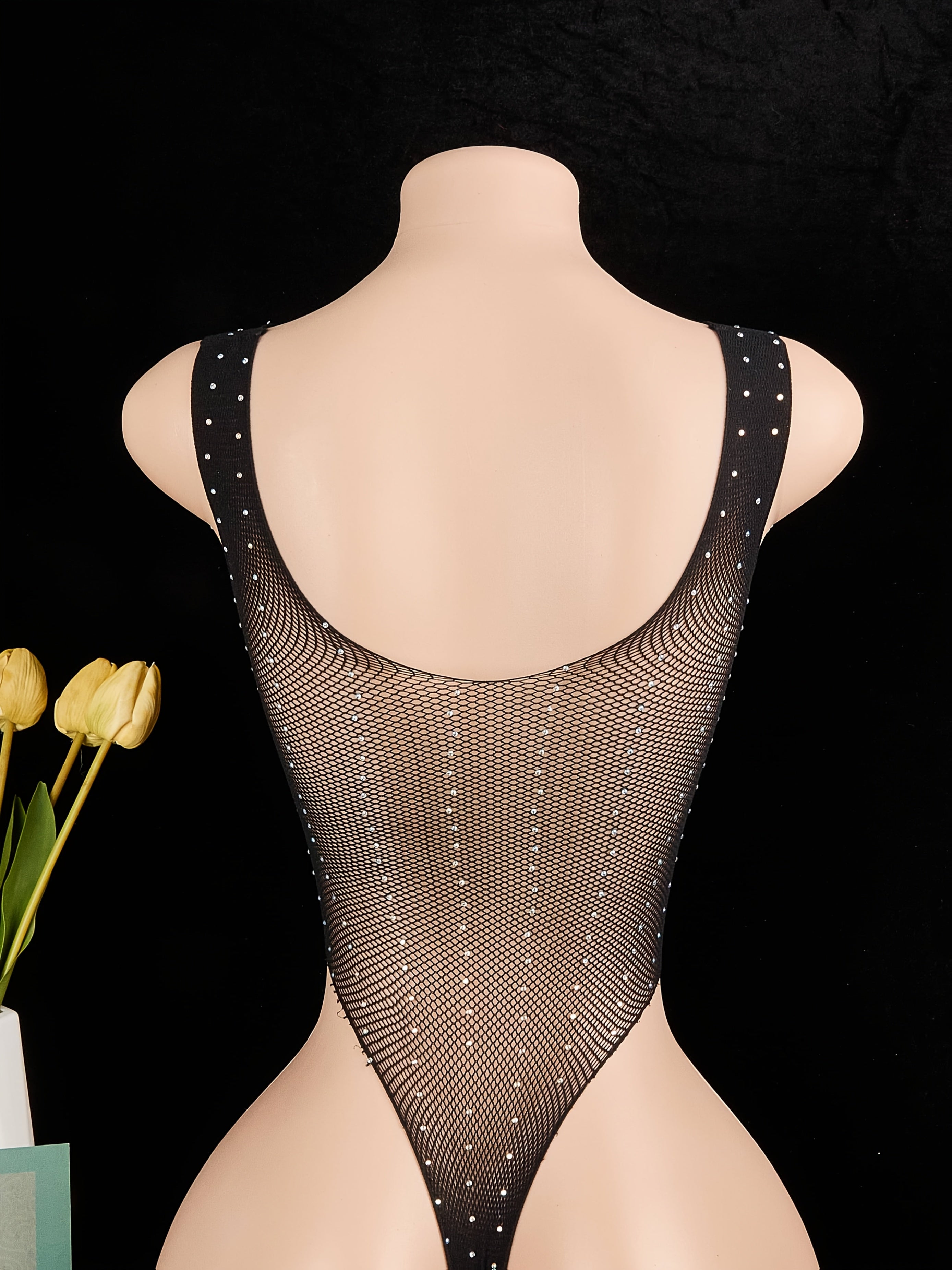 Women's Sheer Lace-Up Rhinestone Backless Jumpsuit Lingerie