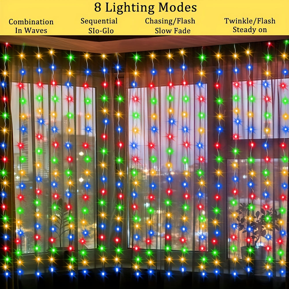 Solar-Powered LED Curtain String Lights with 8 Modes for Weddings Gardens and Celebrations