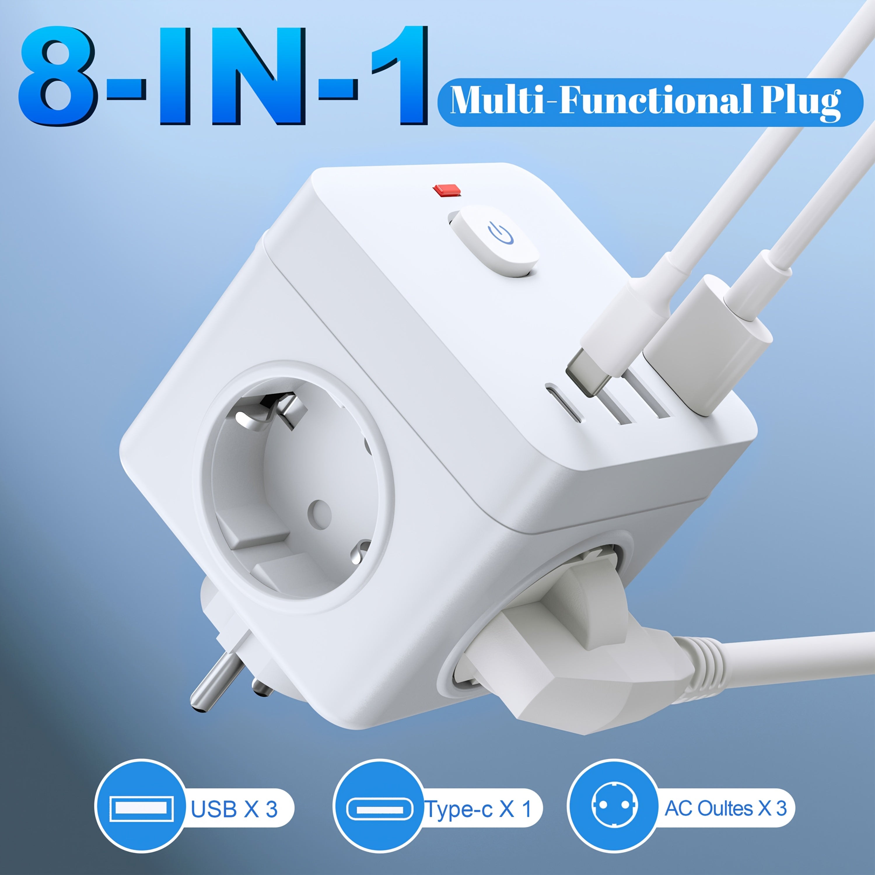 Regleta de 8 en 1 con protección contra sobrecargas, USB Tipo-C, enchufe europeo para hogar, oficina y cocina