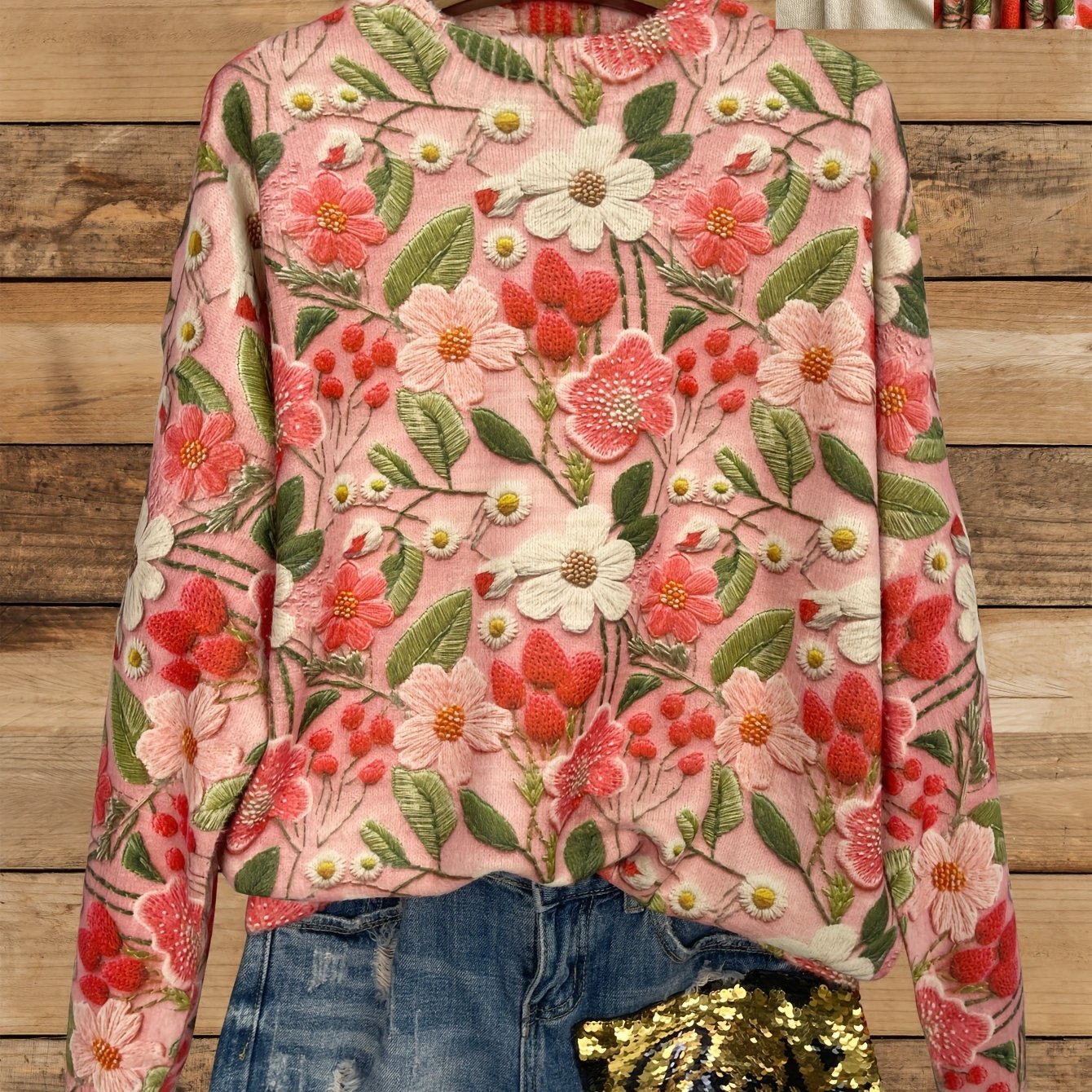 Women's Plus Size Floral Sweater Thick Knit 3D Flower Print Long Sleeve Pullover