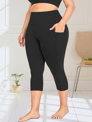 Plus Size High-Waist Stretchy Capri Leggings Navy Blue with Pockets