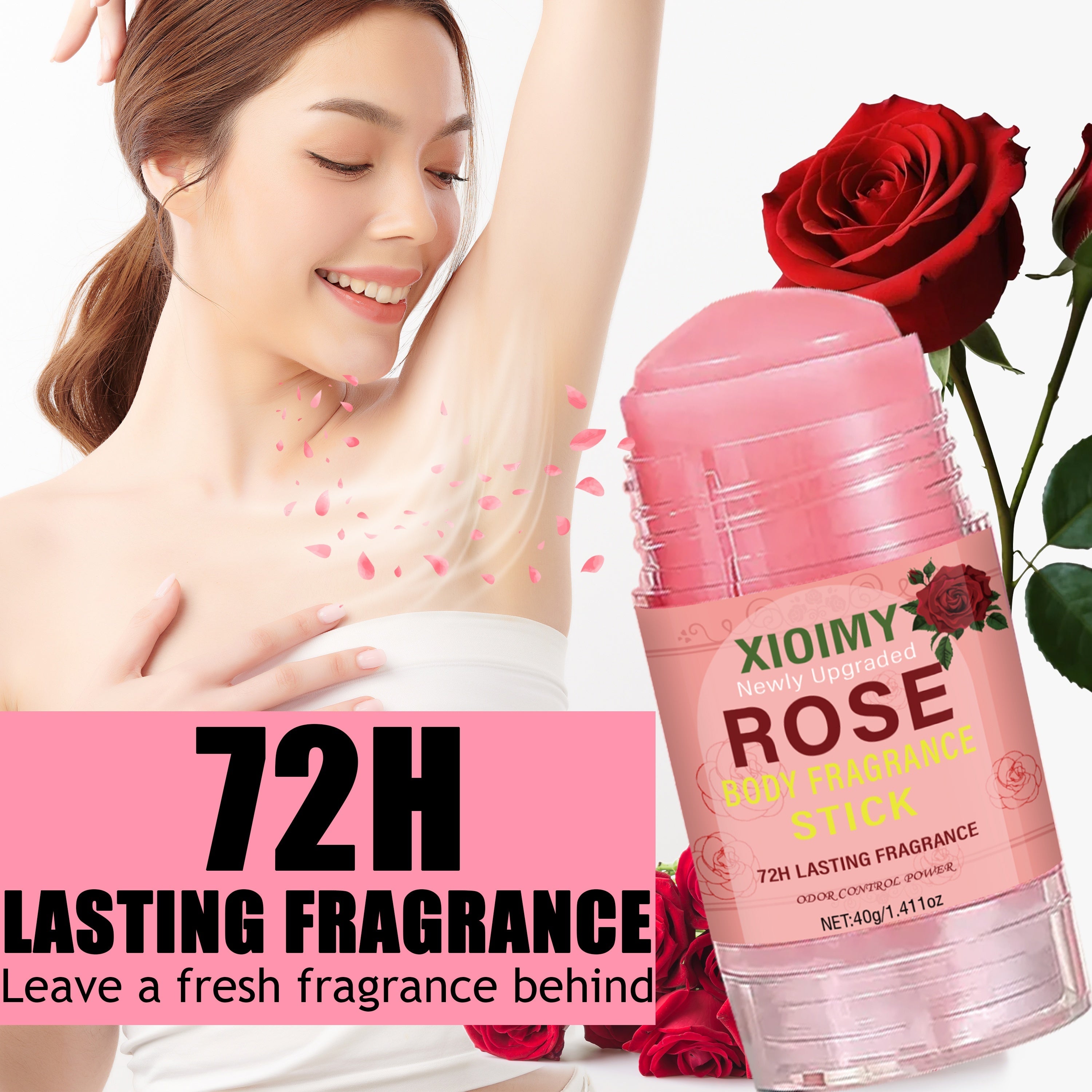 Xioimy Rose Body Fragrance Stick - Uniseks deodorant, 1.411oz, 72 soat davomida yangilik, uzoq muddatli atirgul hid, tanaga mos keladi, qattiq tana hidini va terni bartaraf etadi.