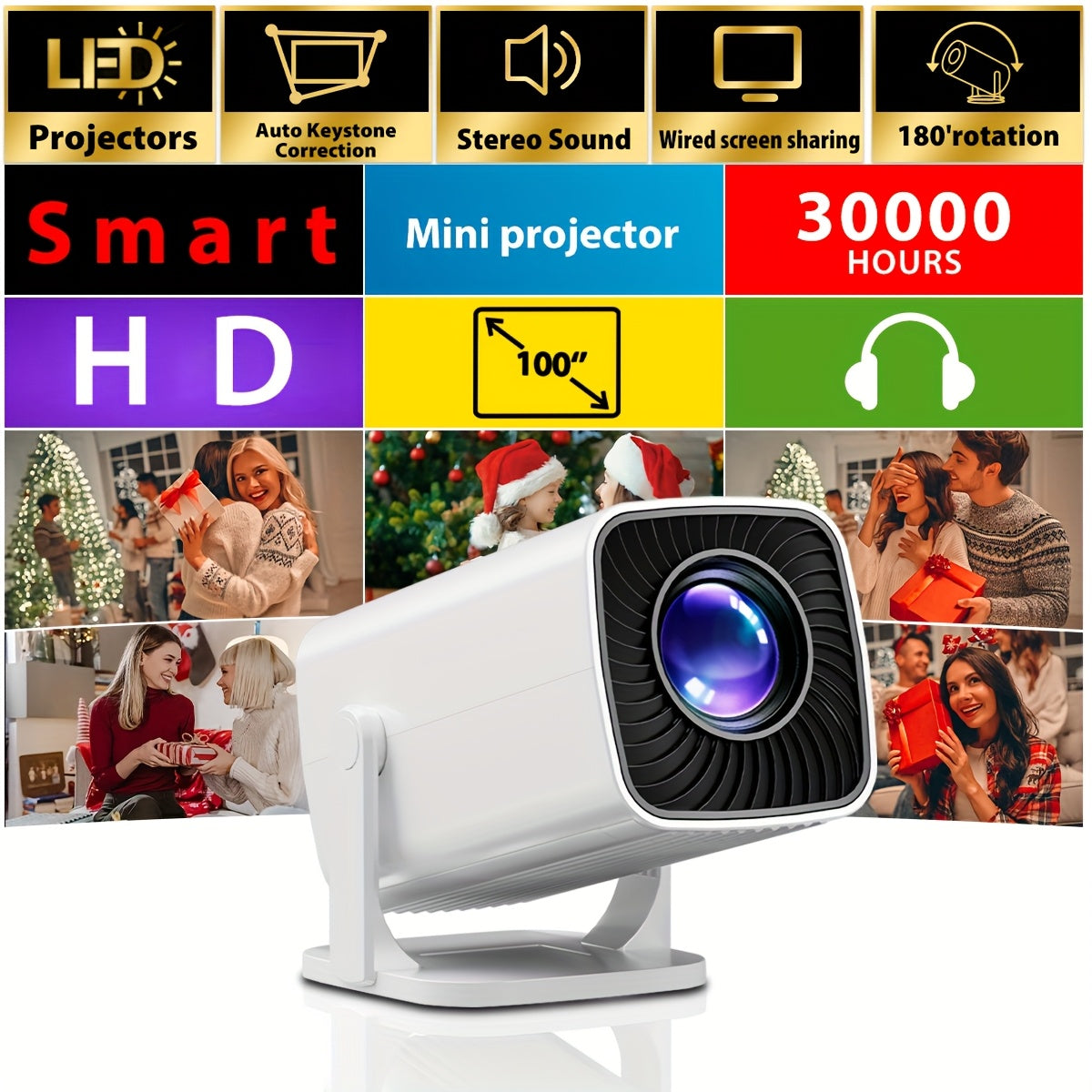 Portable 1080P Projector with 180° Adjustable Angle for Indoor Outdoor Use