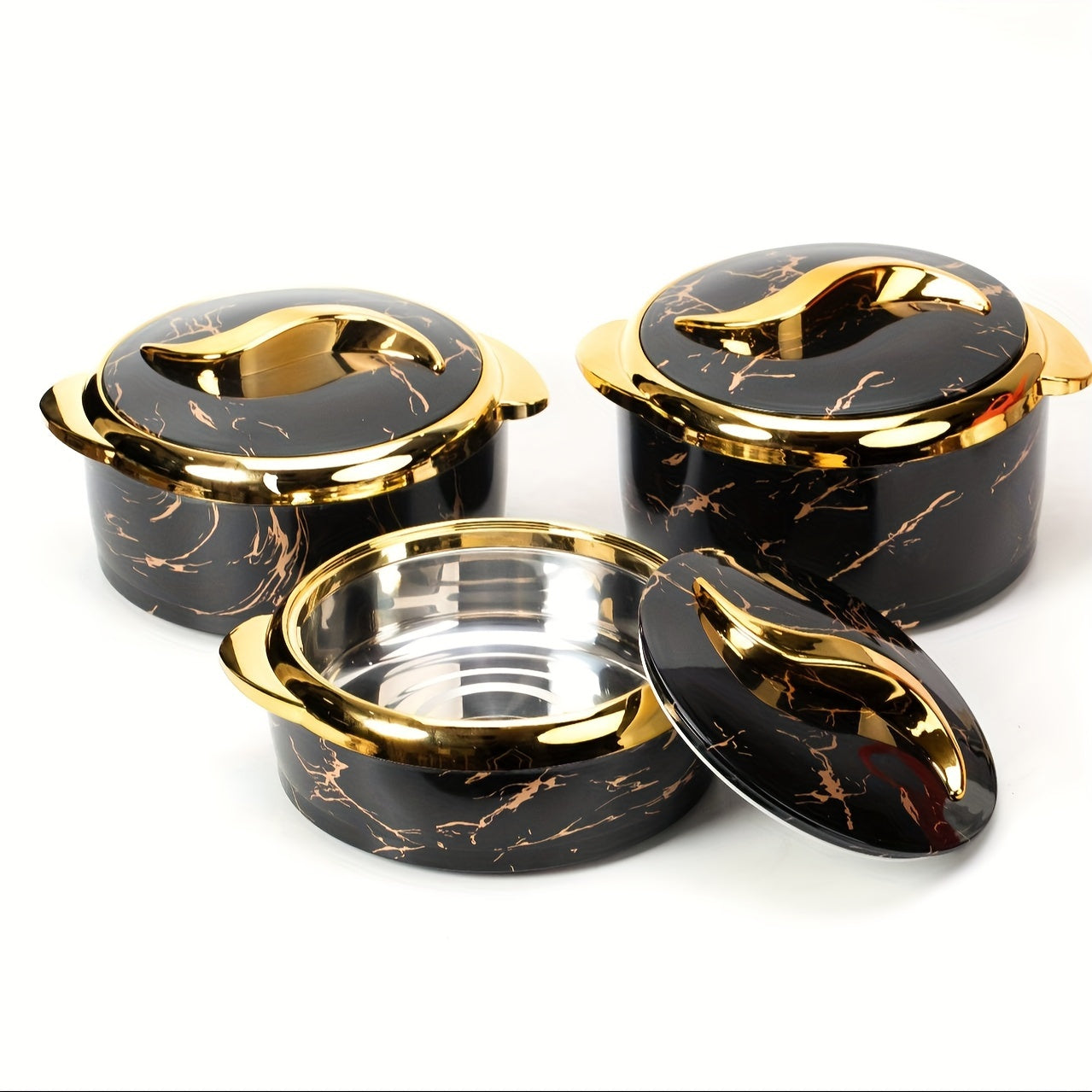 Stainless steel konstruktsiyali va qopqog'li 3 ta termal kaserollardan iborat to'plam - Ovqatni issiq va sovuq saqlash uchun izolyatsiya qiladi, bufetlar yoki ofis stolida xizmat qilish uchun ideal. Taomlarni issiq va yangi saqlash uchun mukammal.