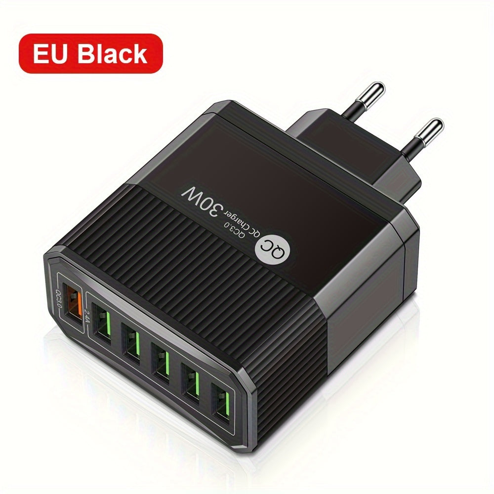 6-port USB devor zaryadkasi 30W tez zaryadlash QC 3.0 EU rozetkasi uchun mobil qurilmalar