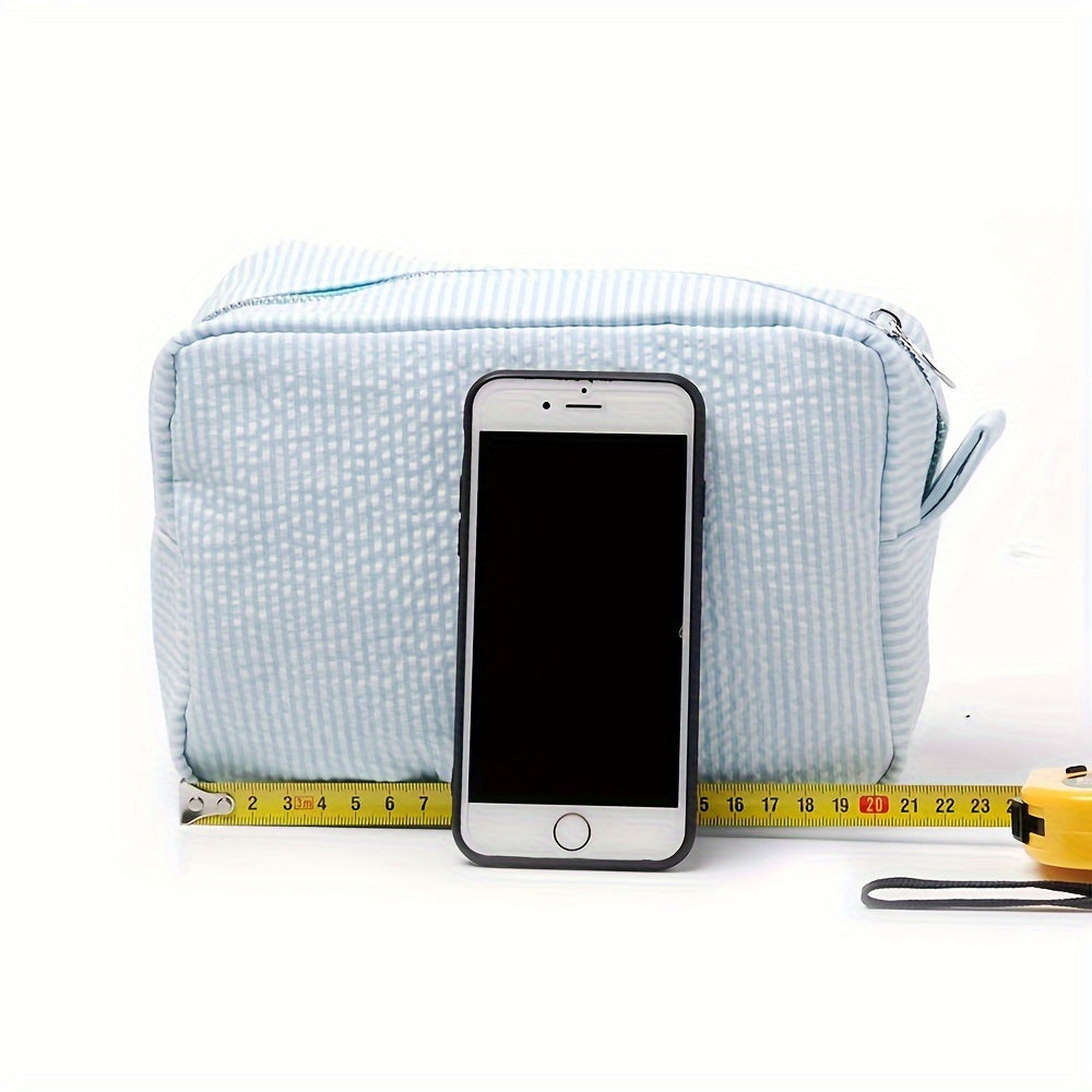 Neceser de maquillaje de lona a rayas bordada para niñas y adolescentes, azul, con cremallera, organizador de viaje