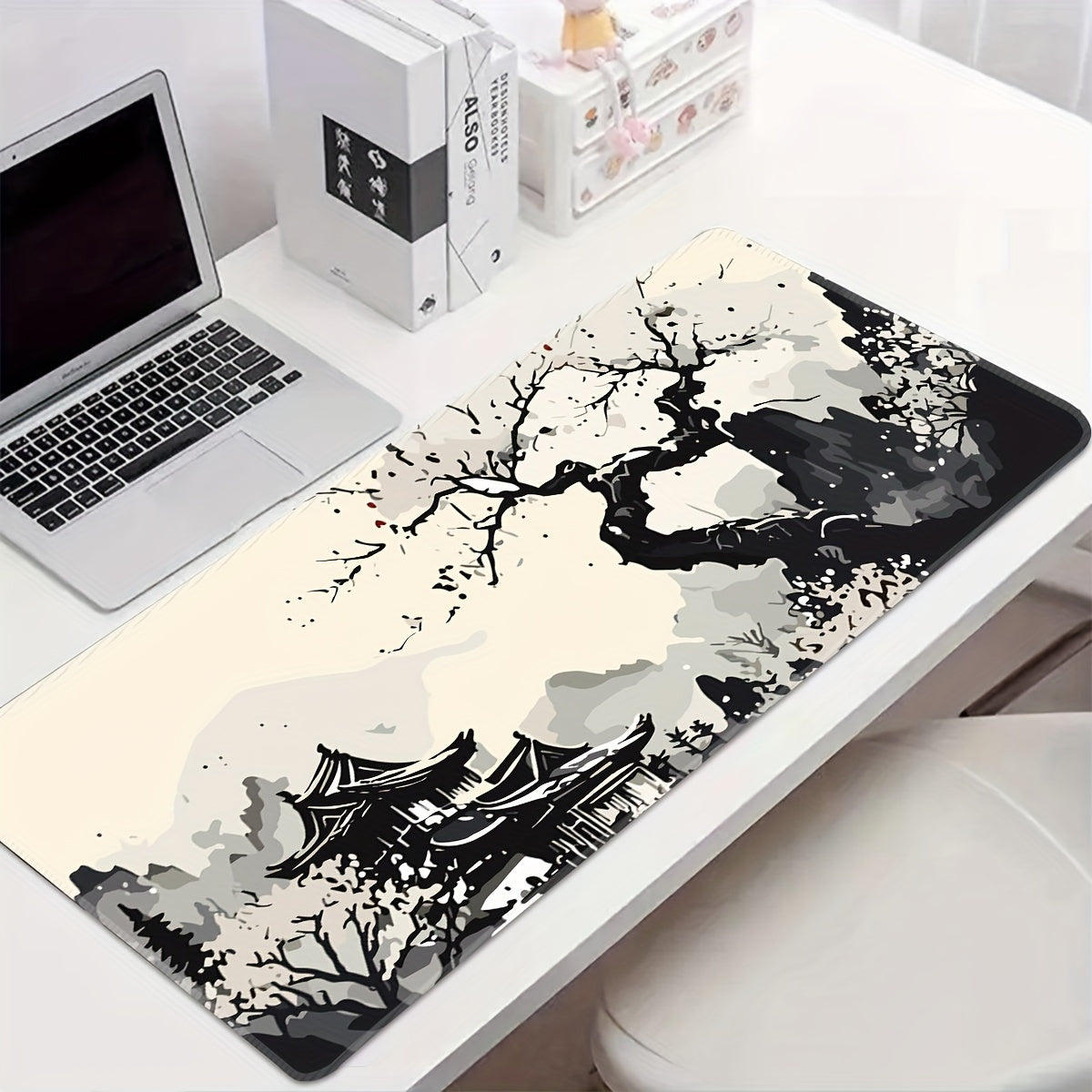 Large Gaming Mouse Pad Washable Non-Slip Rubber Desk Mat Japanese Ink Landscape Design Cherry Blossoms Mountain Scenery