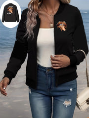 Plus Size Women's Casual Baseball Collar Zip Up Jacket with Letter Print