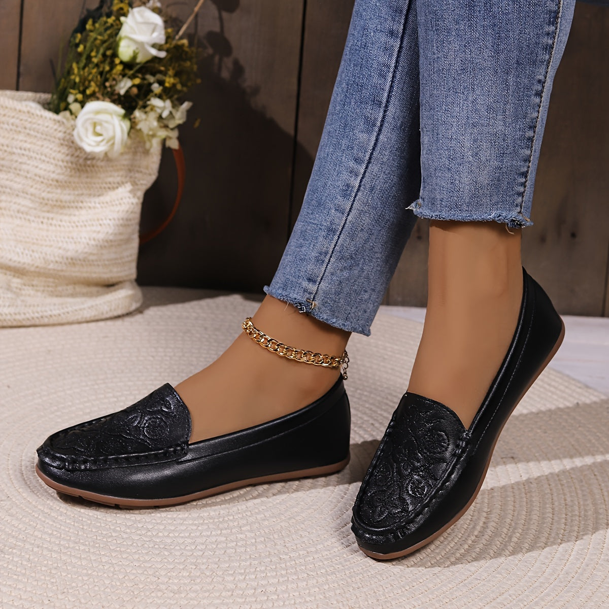 Women's Floral Pattern Loafers Casual Slip-On Flats All-Match