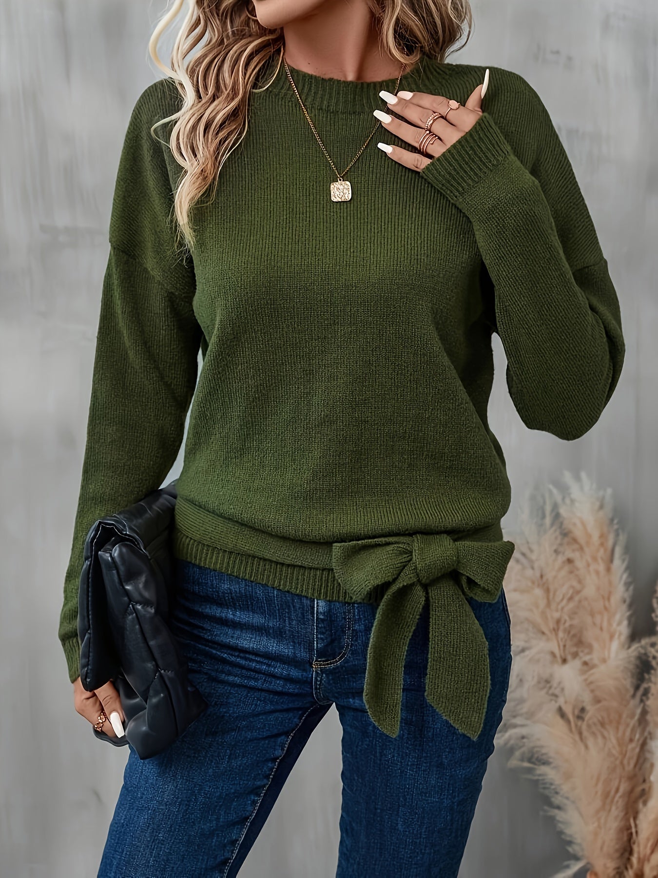 Plus-Size Women's Olive Green Ribbed Sweater Long Sleeve Pullover Casual Formal