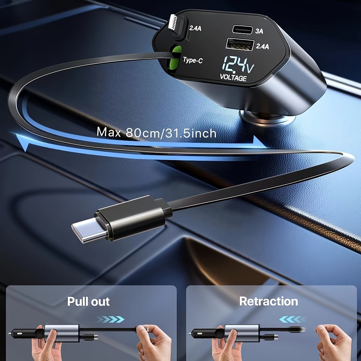 4-in-1 Retractable Car Charger with 66W PD QC3.0 and 2.6ft Cable