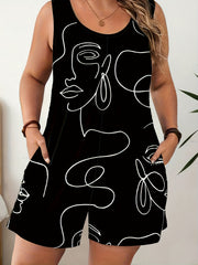 Plus Size Sleeveless Jumpsuit Black Stretchy Fabric Artistic Line Print Casual Summer
