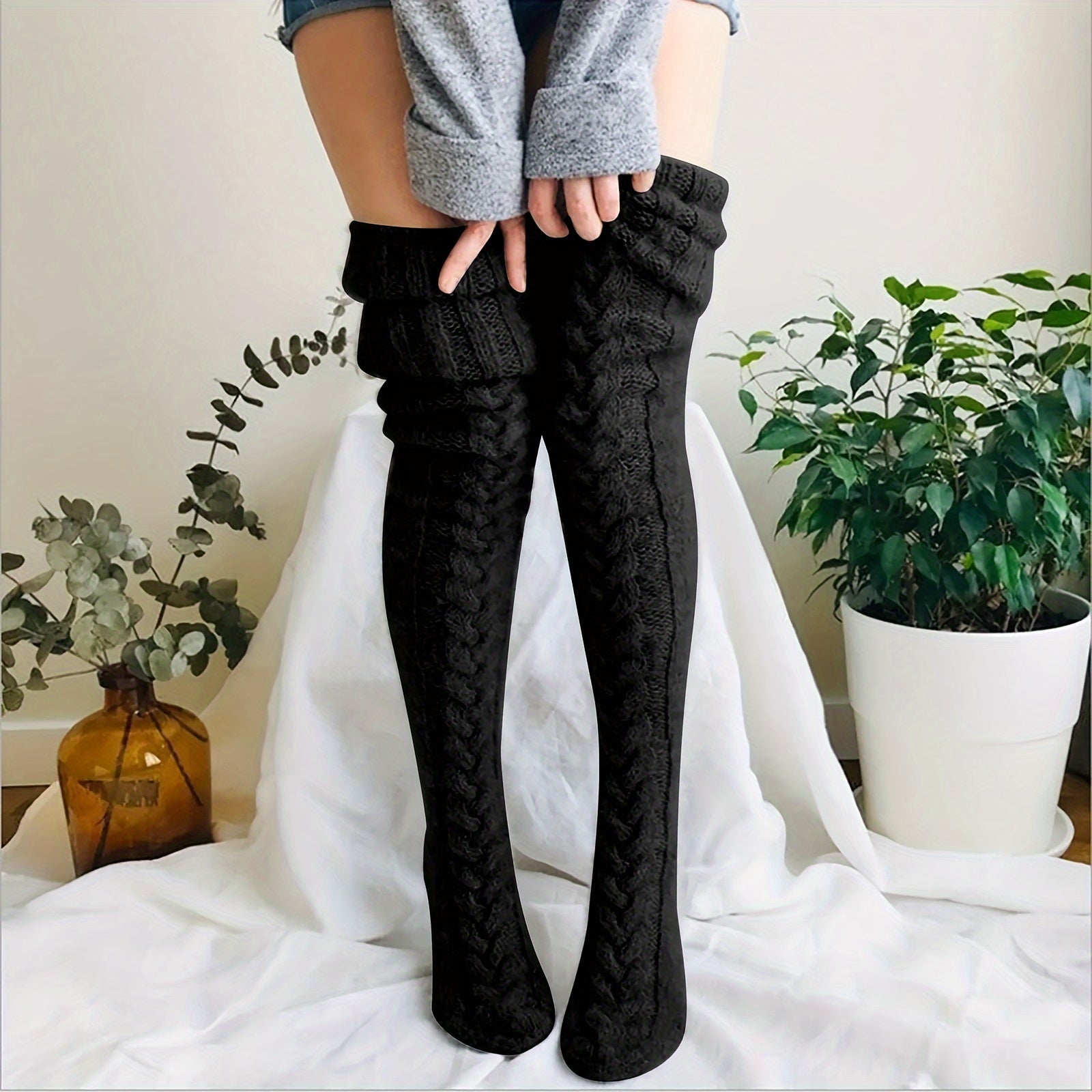 Women's Knitted Thigh-High Socks Solid Color Warm Acrylic Knee-High Stockings