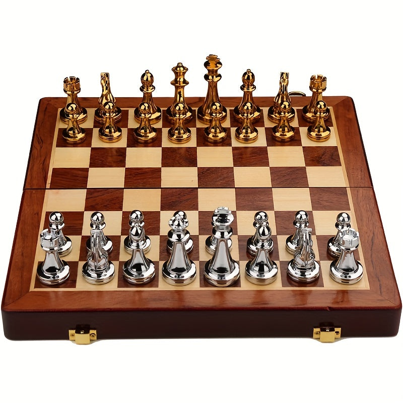 Luxury Silver Chess Set with Wooden Folding Board and Aluminum Alloy Pieces