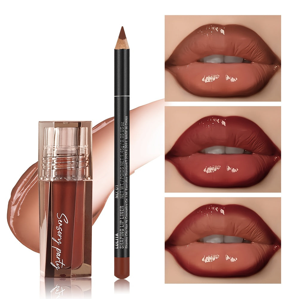 Women Lip Gloss and Lip Liner Set Dewy Finish Brown Long-Lasting Matte