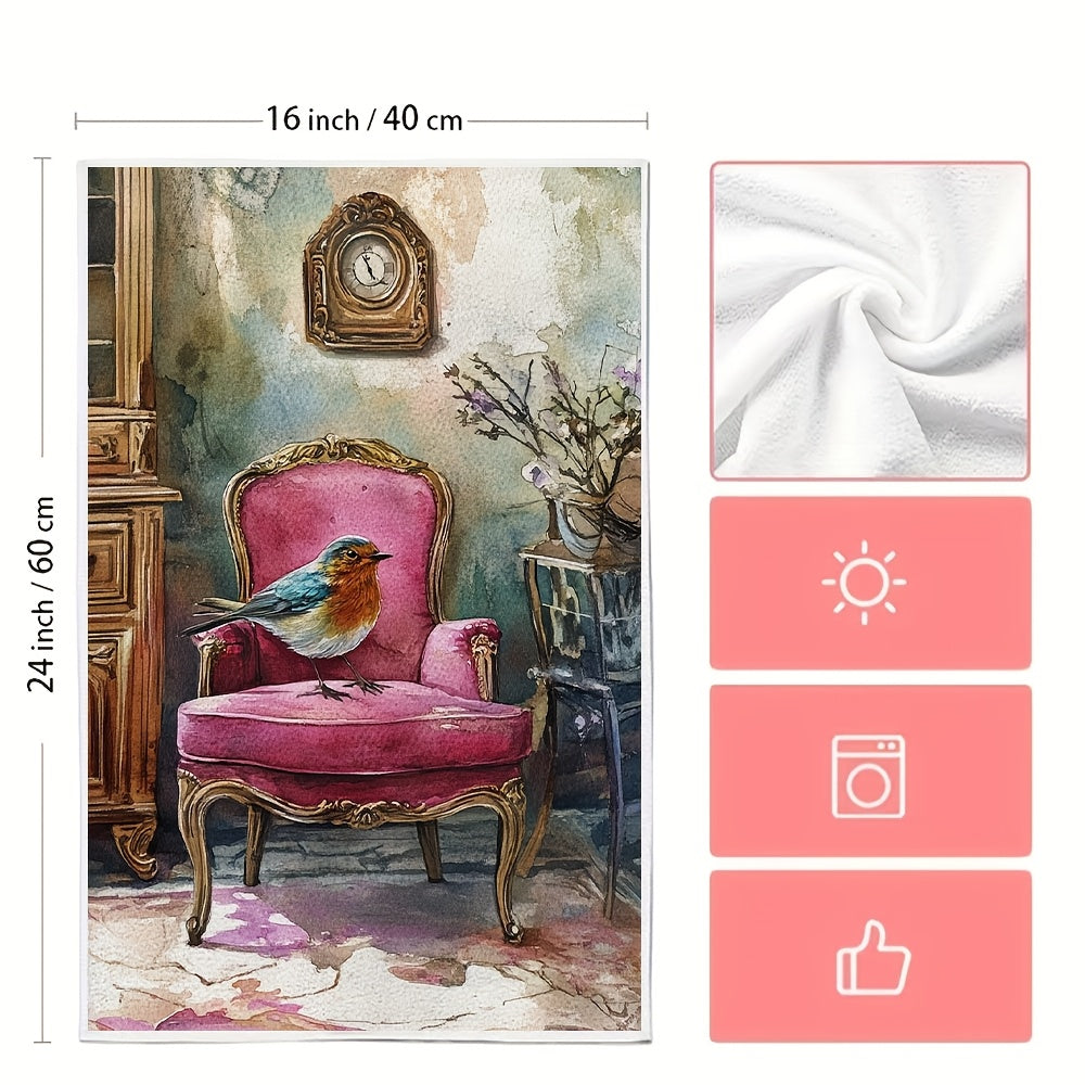 Set of 2 Vintage-Inspired Pink Bird Dish Towels, Soft, Absorbent, 16x24 Inches