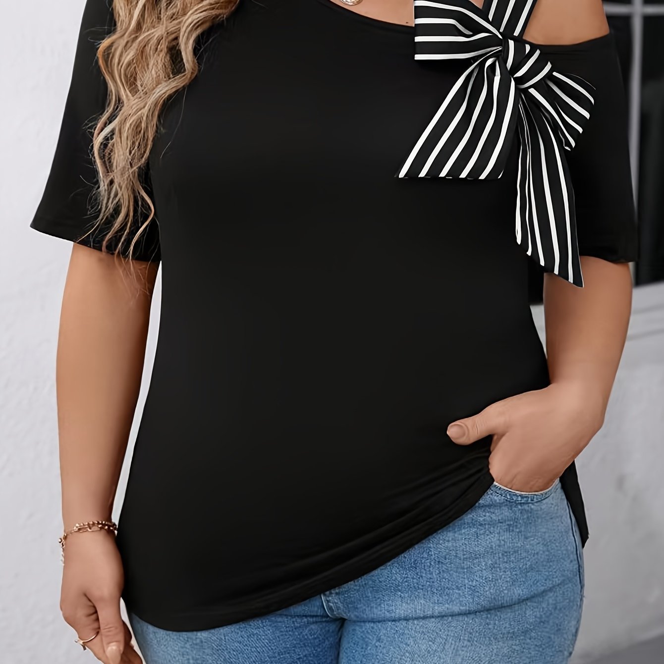 Plus Size Women's Black Asymmetrical One-Shoulder T-Shirt with Bow