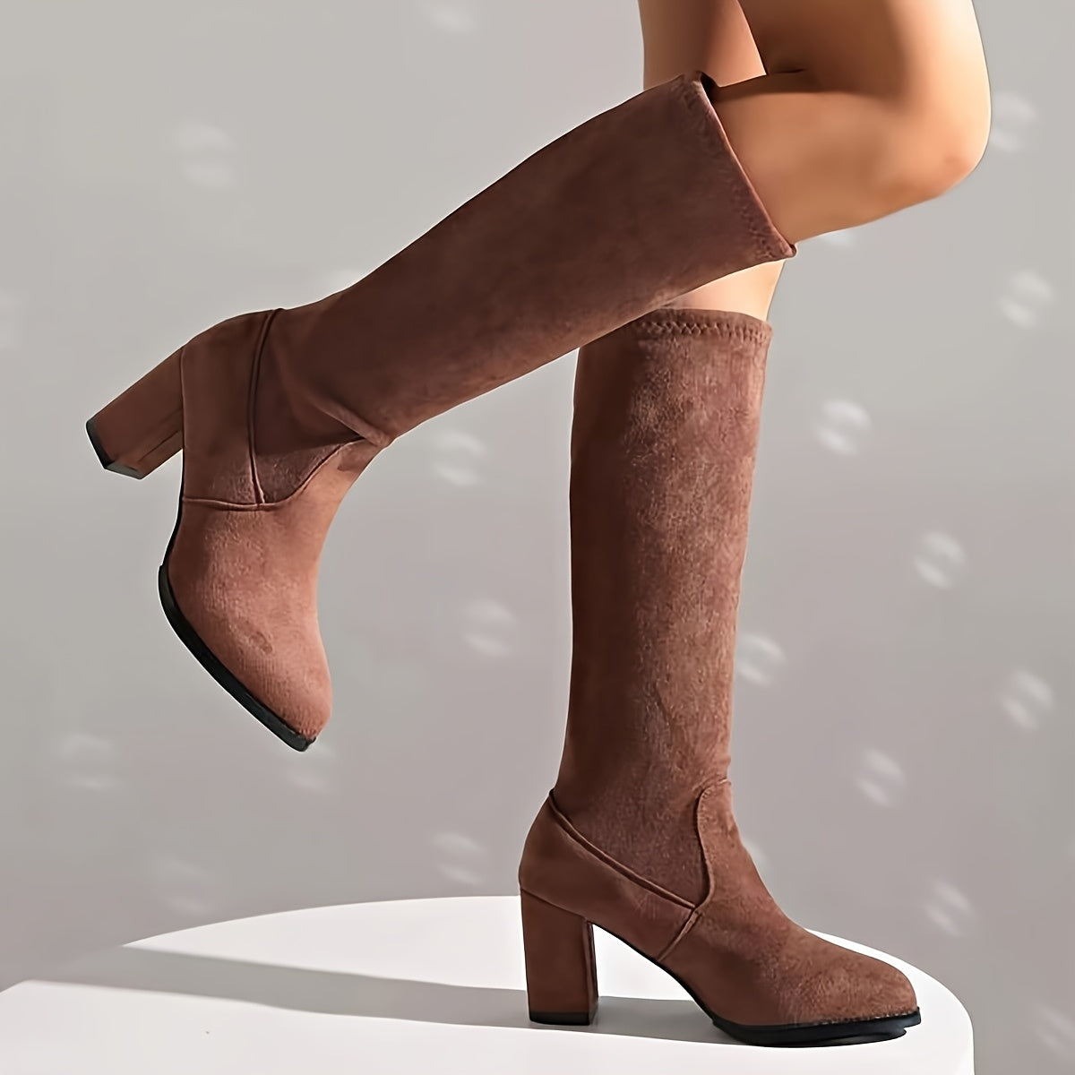 Women's Mid-Calf Faux Fur Lined Slip-On Booties Black Square Toe Chunky Heel