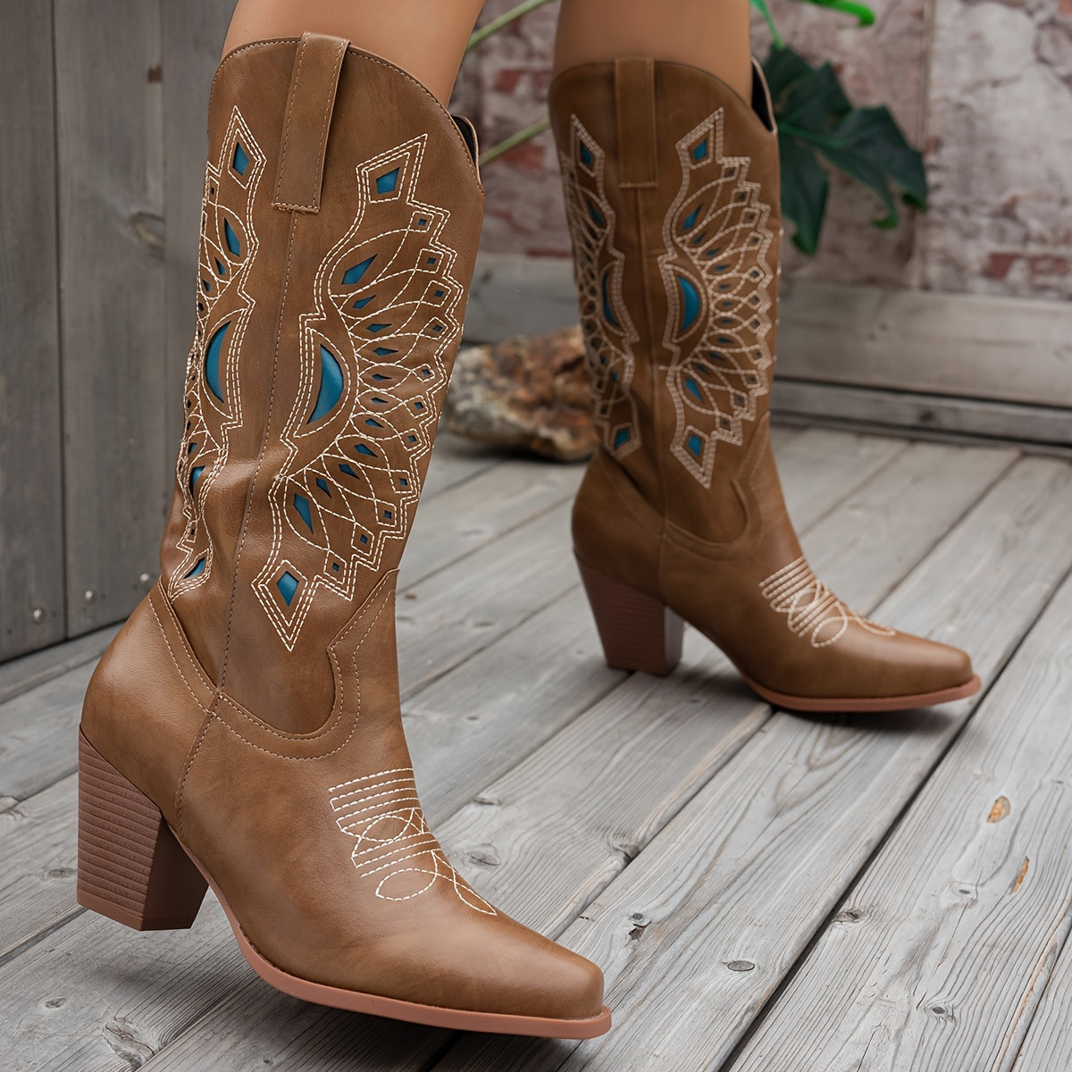 Women's Faux Leather Western Cowboy Boots Slip-On Pointed Toe Chunky Heel Blue and Brown