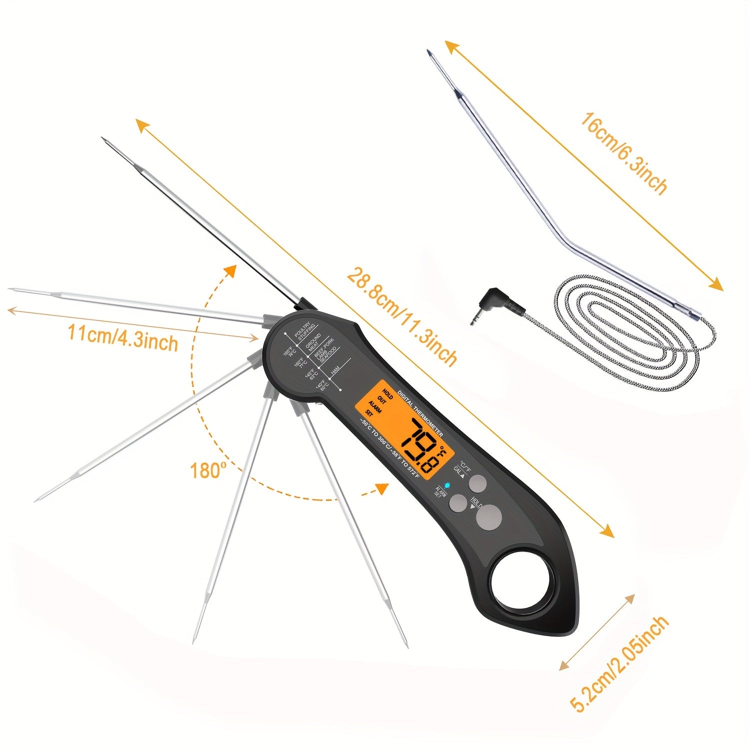 Multi-Function Kitchen Thermometer Dual Probes Backlit Display Sound Alarm