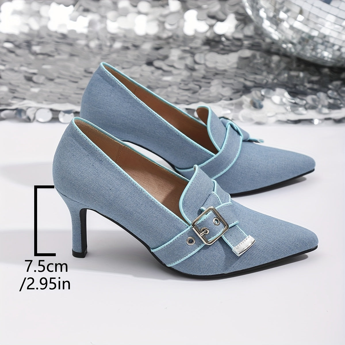 Women's Blue Pointed Toe Mary Jane Heels with Block Heel and Cushioned Insole