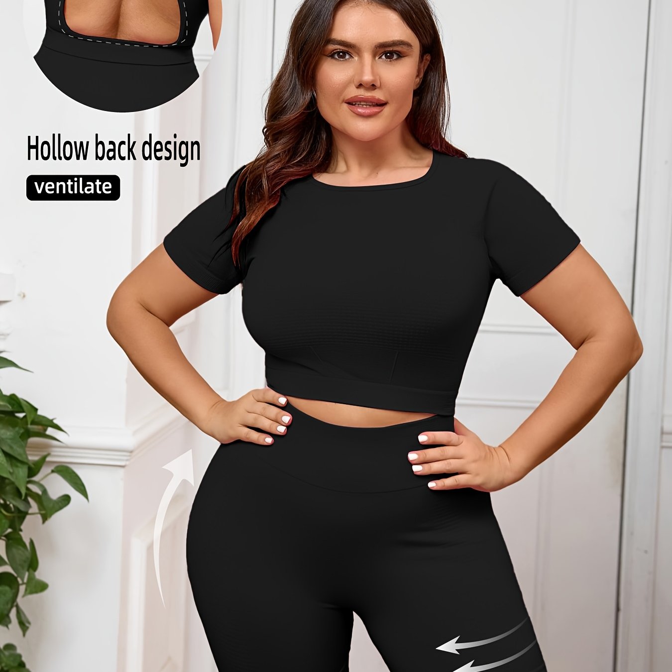 Plus Size Women's Seamless Nylon Yoga Set Short Sleeve T-Shirt and Tight Shorts
