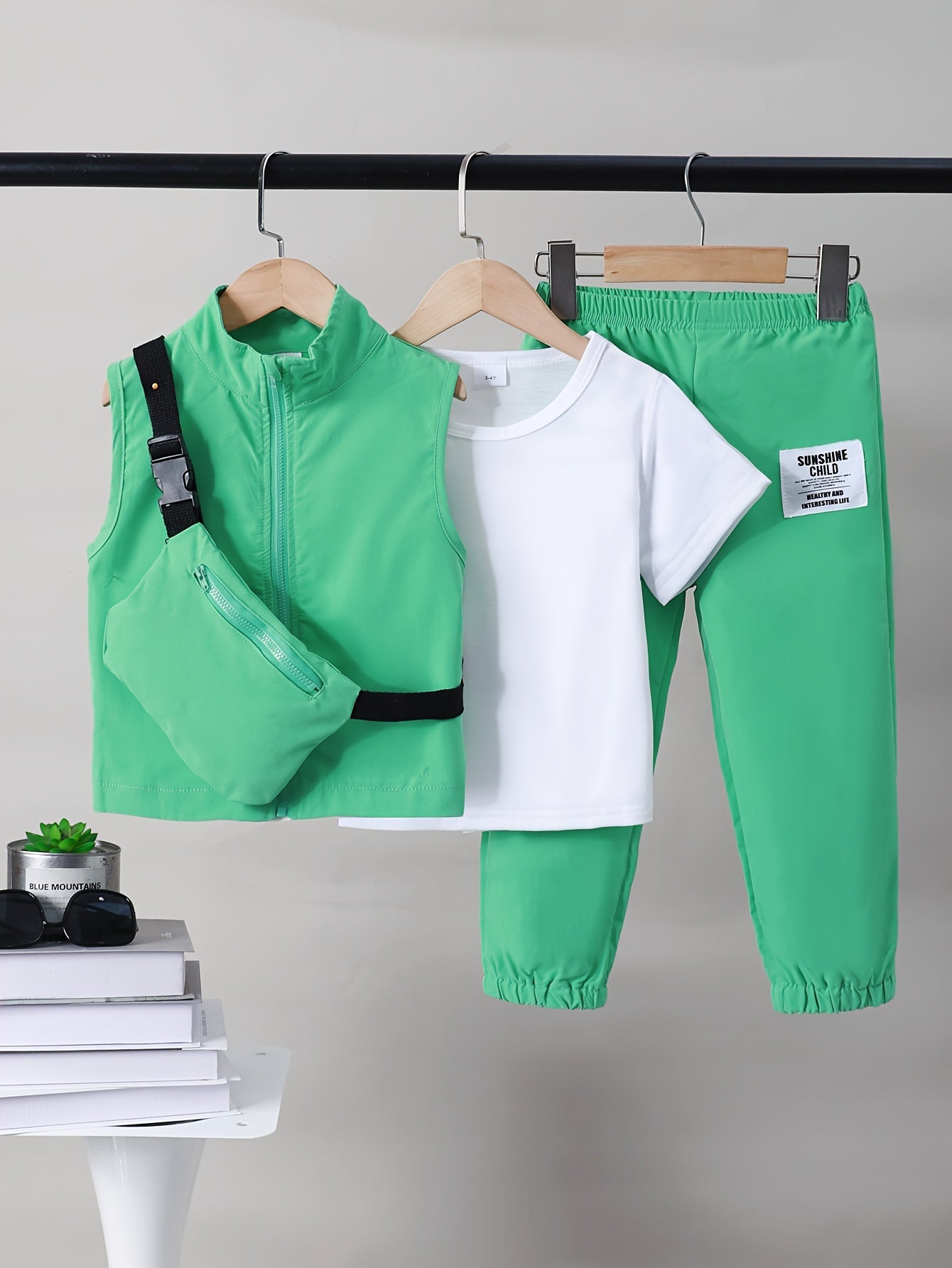 Boys Spring Outfit 4-Piece Set Short Sleeve T-Shirt Sleeveless Vest Cargo Pants Crossbody Bag Kids Casual