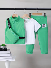 Boys Spring Outfit 4-Piece Set Short Sleeve T-Shirt Sleeveless Vest Cargo Pants Crossbody Bag Kids Casual