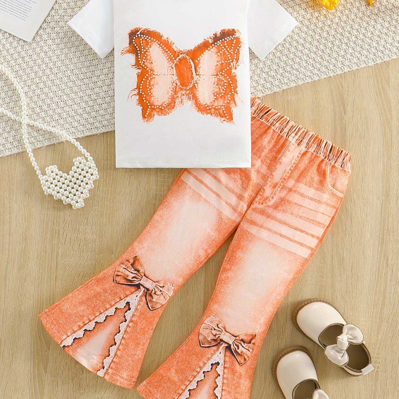 Kids' Casual Set Short Sleeve Top and Split Denim Micro Bell Pants Polyester Animal Pattern