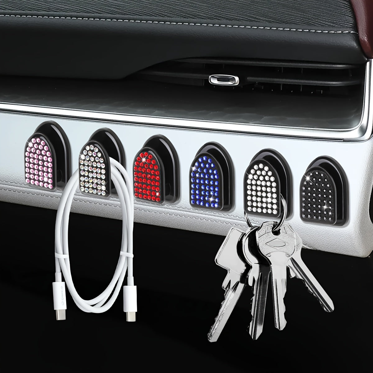 Car Interior Diamond-Embellished Hook Self-Adhesive Wall Mount Organizer