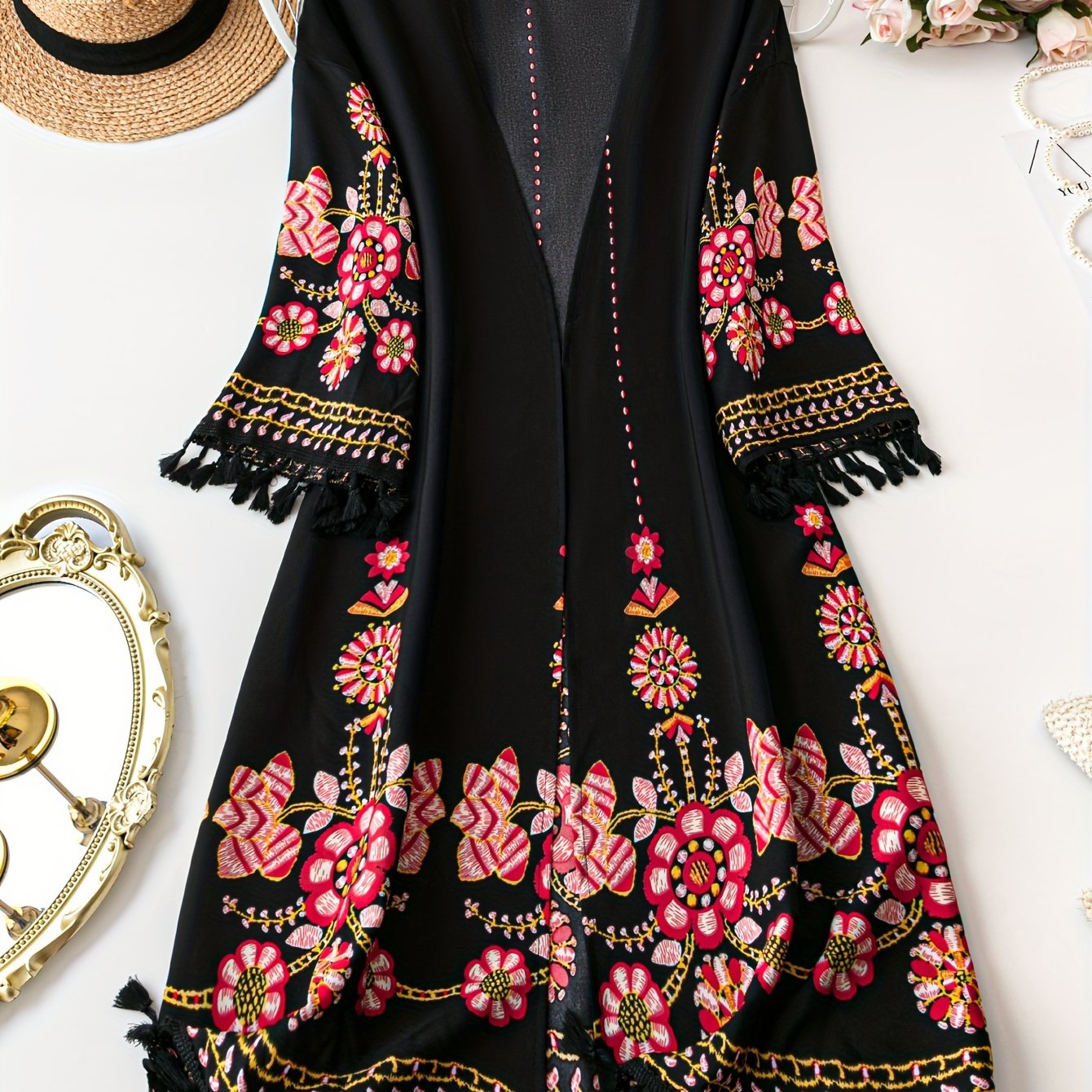 Кардиган из прозрачного полиэстера с цветочным принтом и кисточками для женщин большого размера на весну и лето