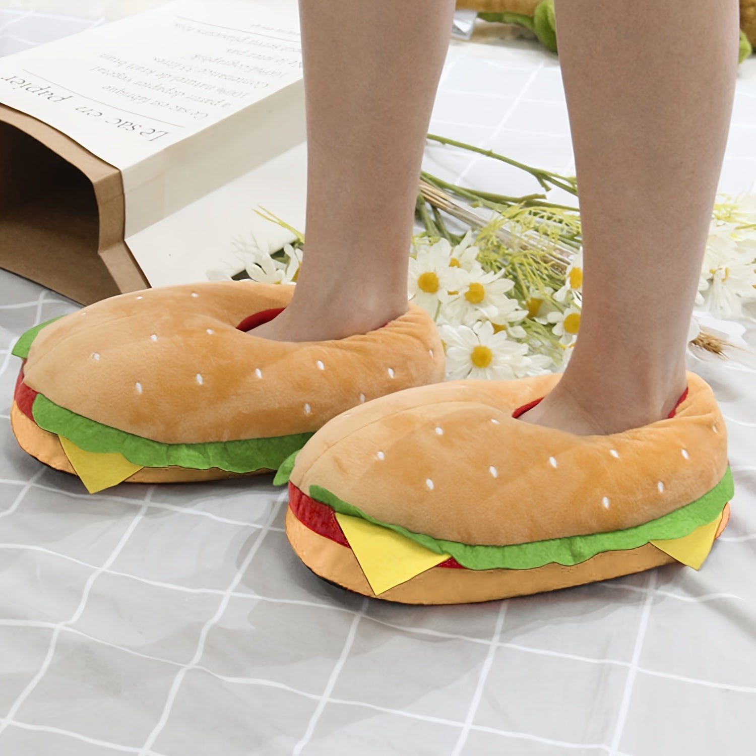 Women/Unisex Plush Hamburger Slippers Indoor Cozy House Shoes