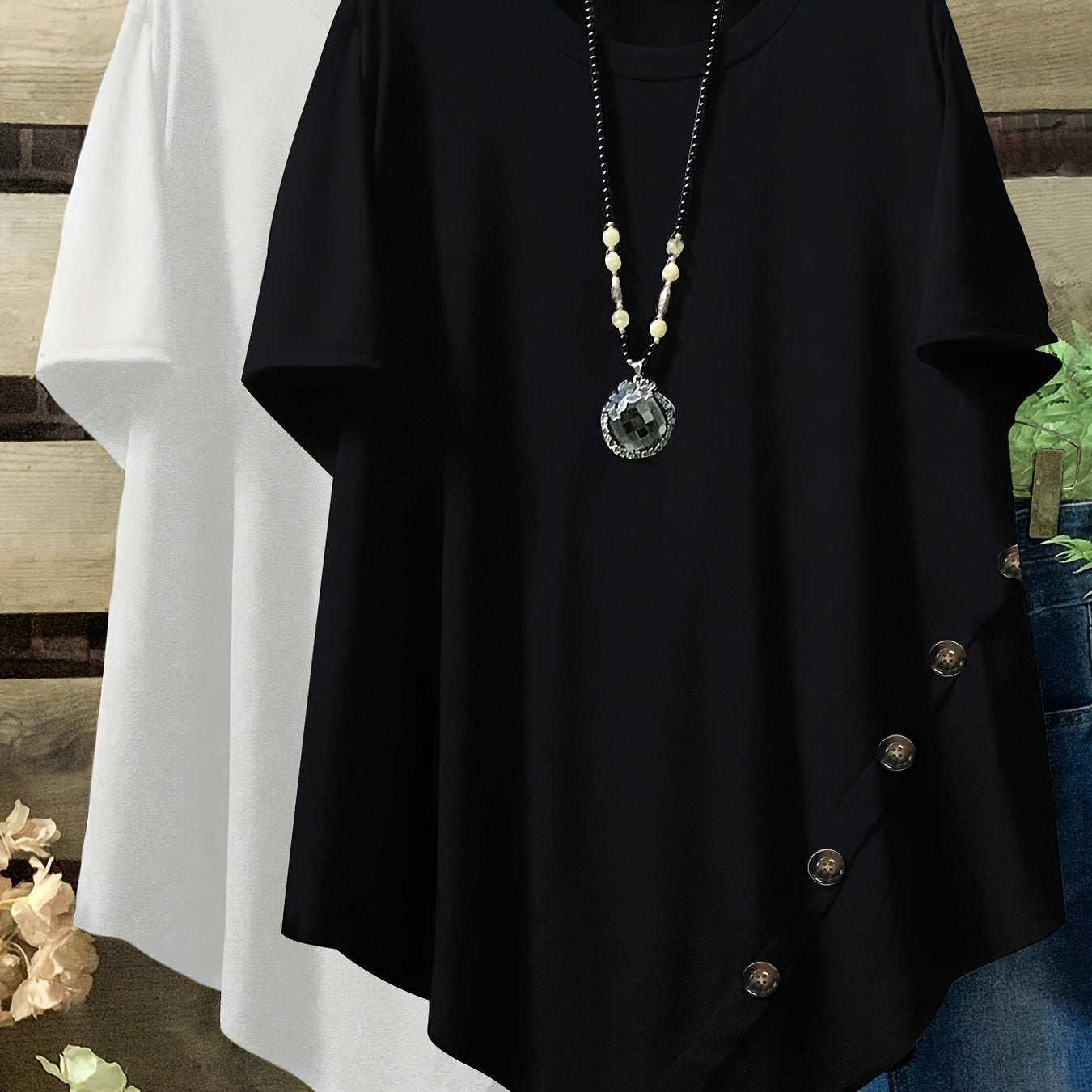 Plus Size Loose Fit Short Sleeve Casual T-Shirts with Button and Asym Hem