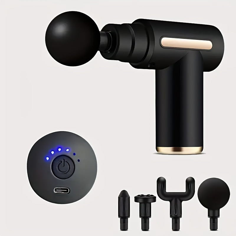 Black Rechargeable Massage Gun with 4 Heads High-Intensity Vibration for Back and Neck Relief